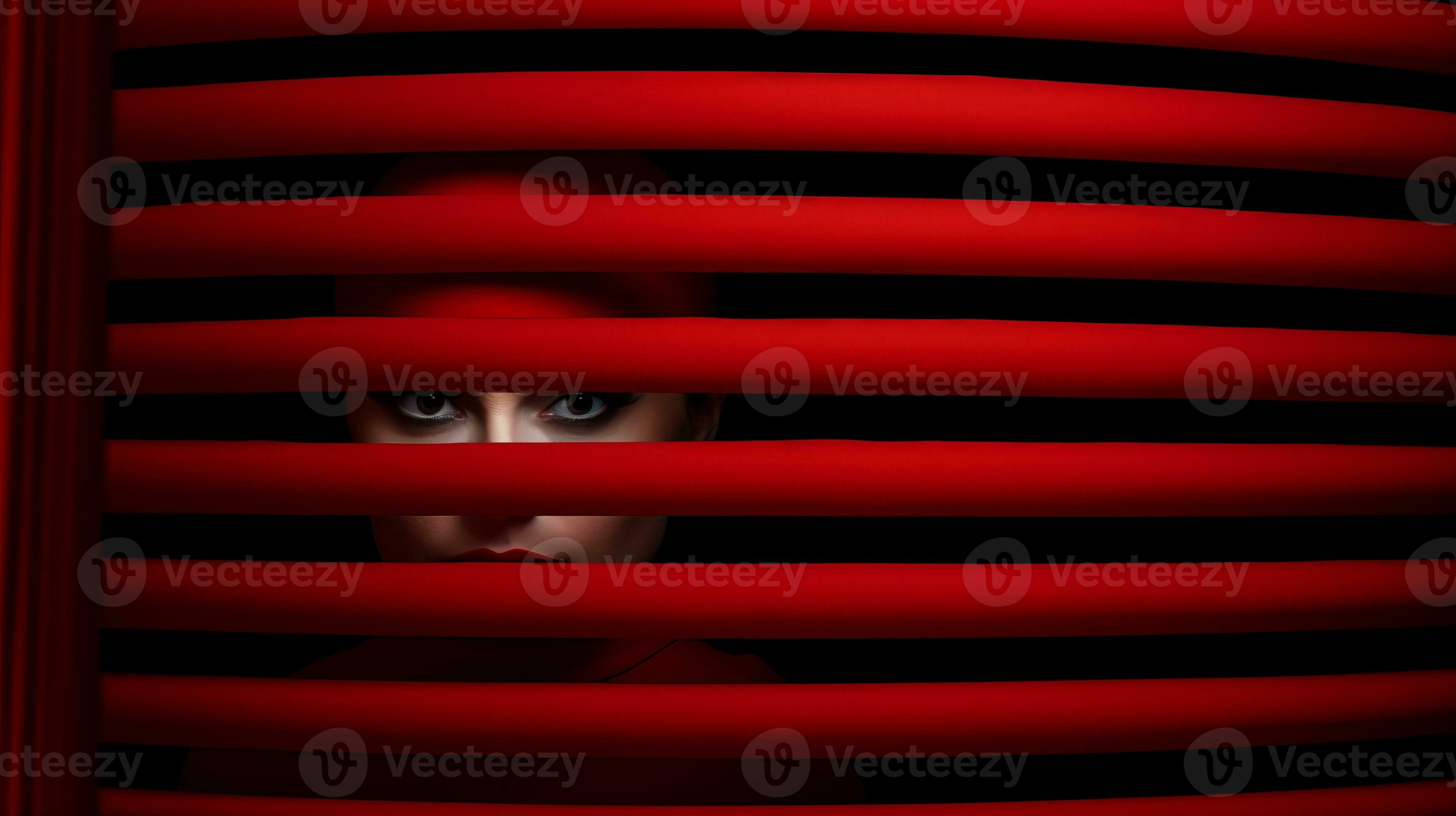 a woman looks through red blinds in a dark room generative ai 32123225