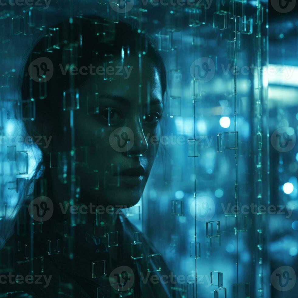 a woman looking through a glass wall in a futuristic setting generative ai photo