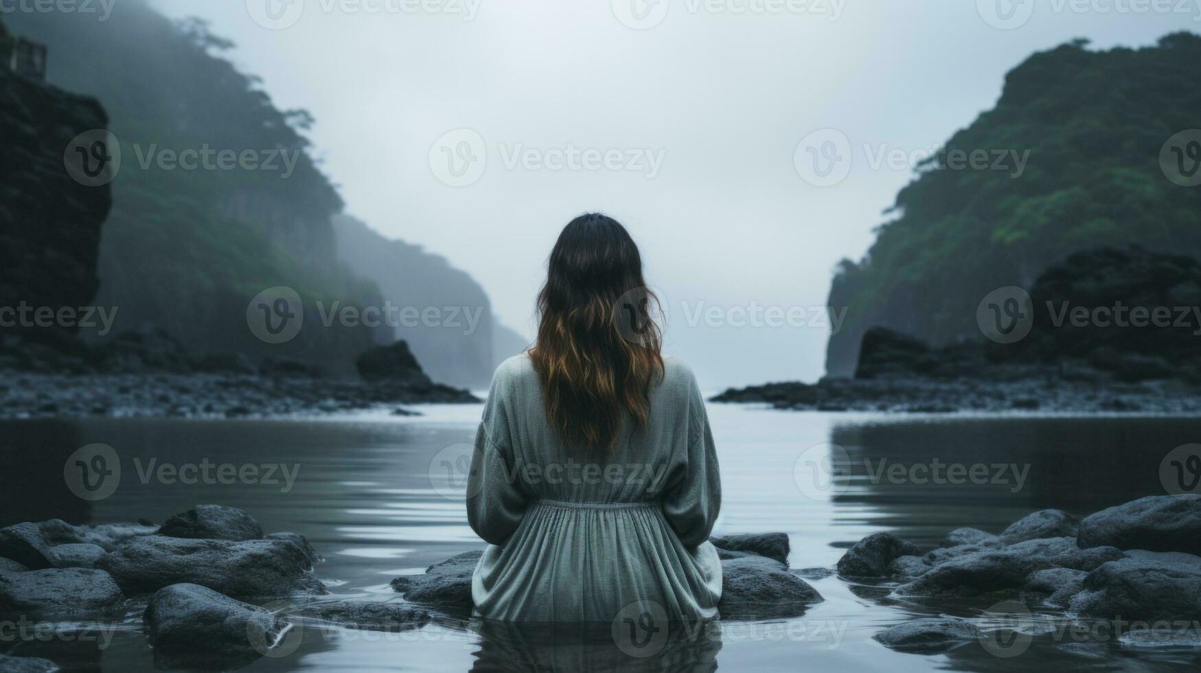 a woman sitting in the middle of a river generative ai photo