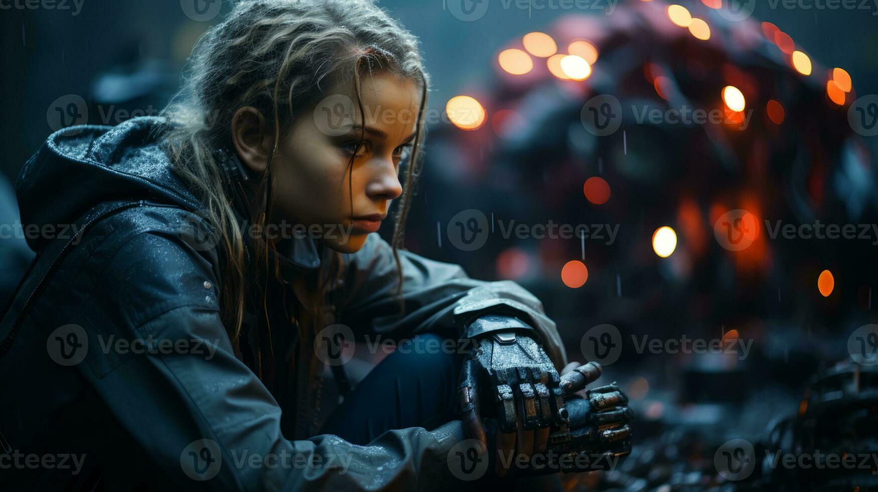 a woman sitting in the rain with her hands on her knees generative ai photo