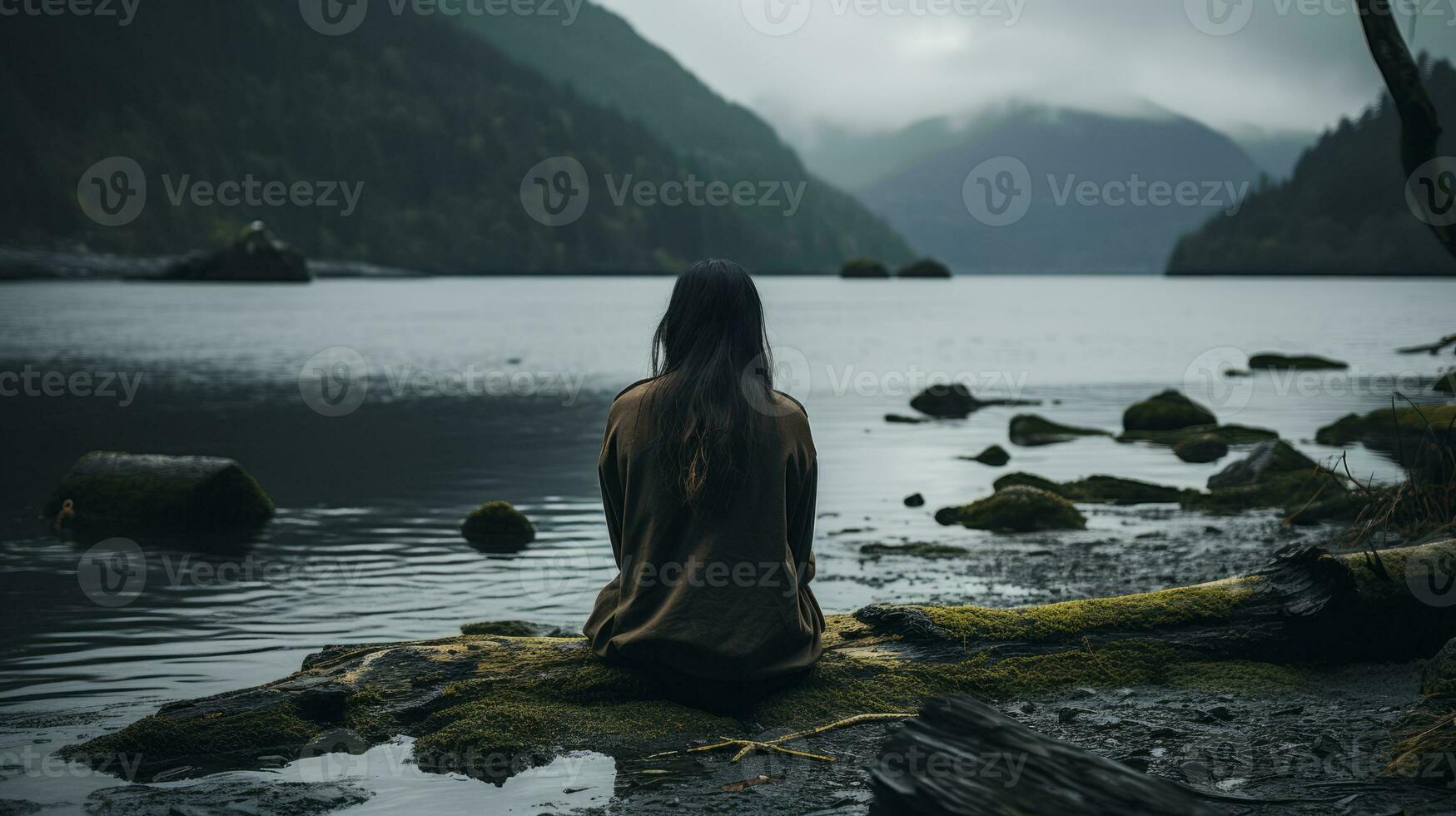 a woman sitting on a log in front of a lake generative ai photo