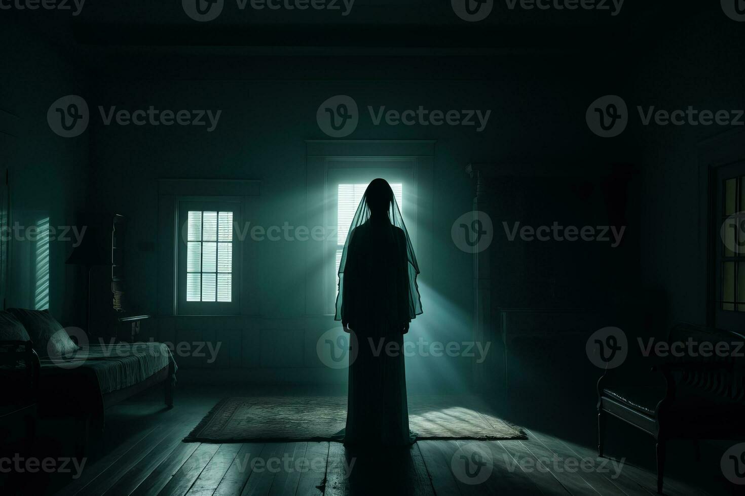 a woman standing in a dark room with light coming through the window generative ai photo