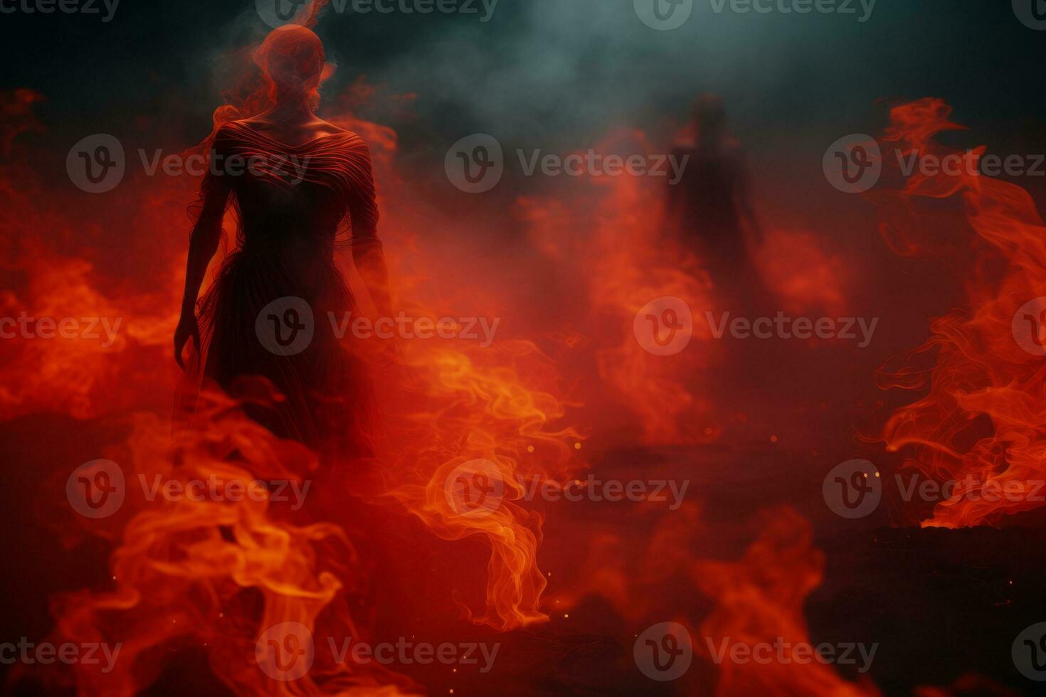 a woman standing in front of fire in the dark generative ai photo