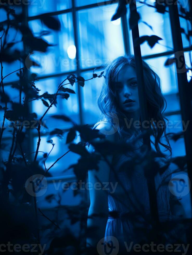 a woman standing in front of a window in a dark room generative ai photo
