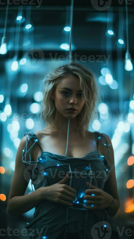 a woman standing in front of a string of lights generative ai photo