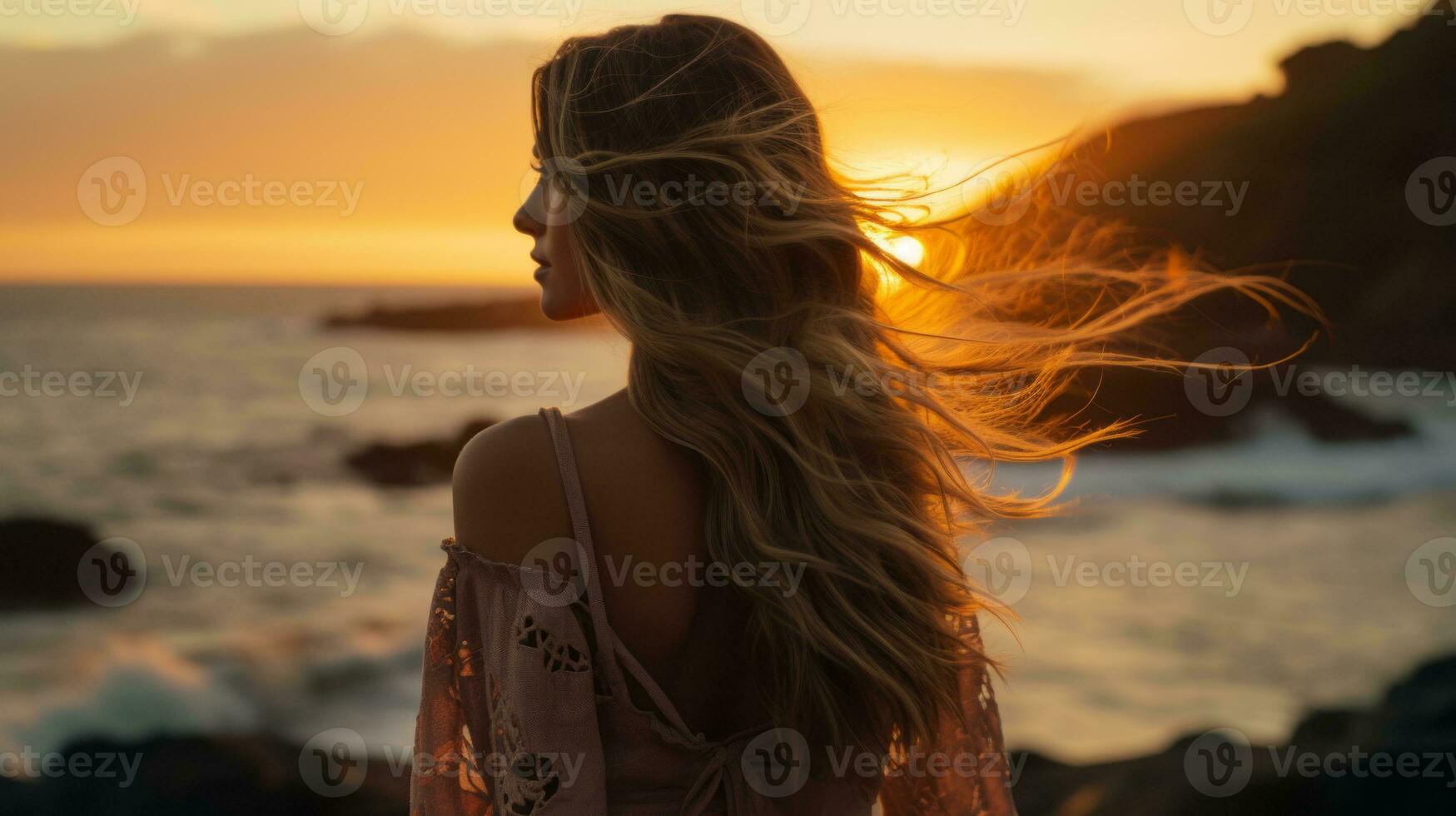 a woman standing in front of the ocean with her hair blowing in the wind generative ai photo