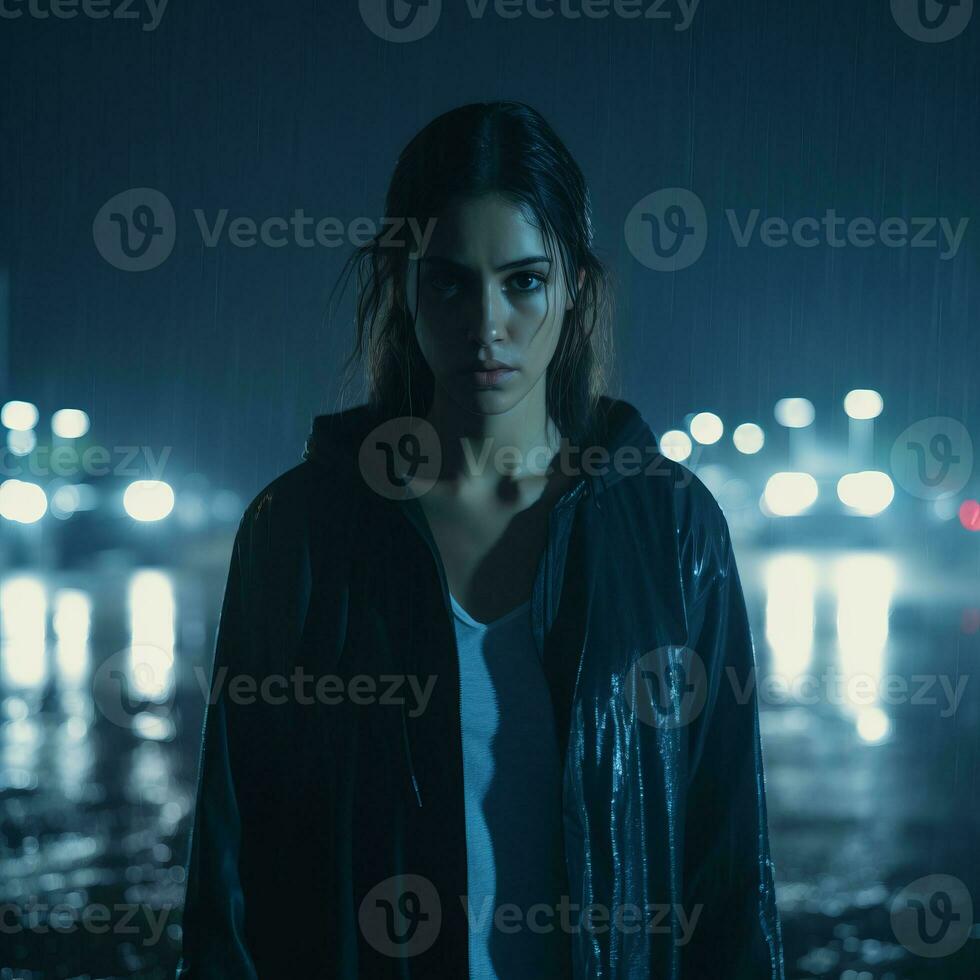 a woman standing in the rain at night generative ai photo