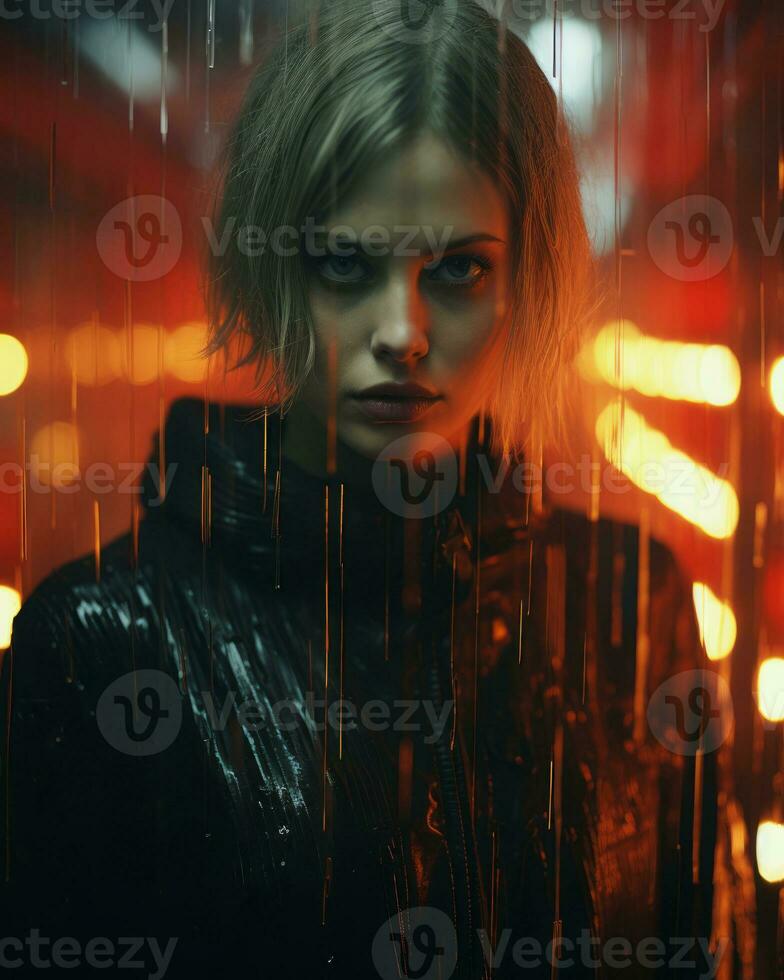 a woman standing in the rain with neon lights behind her generative ai photo