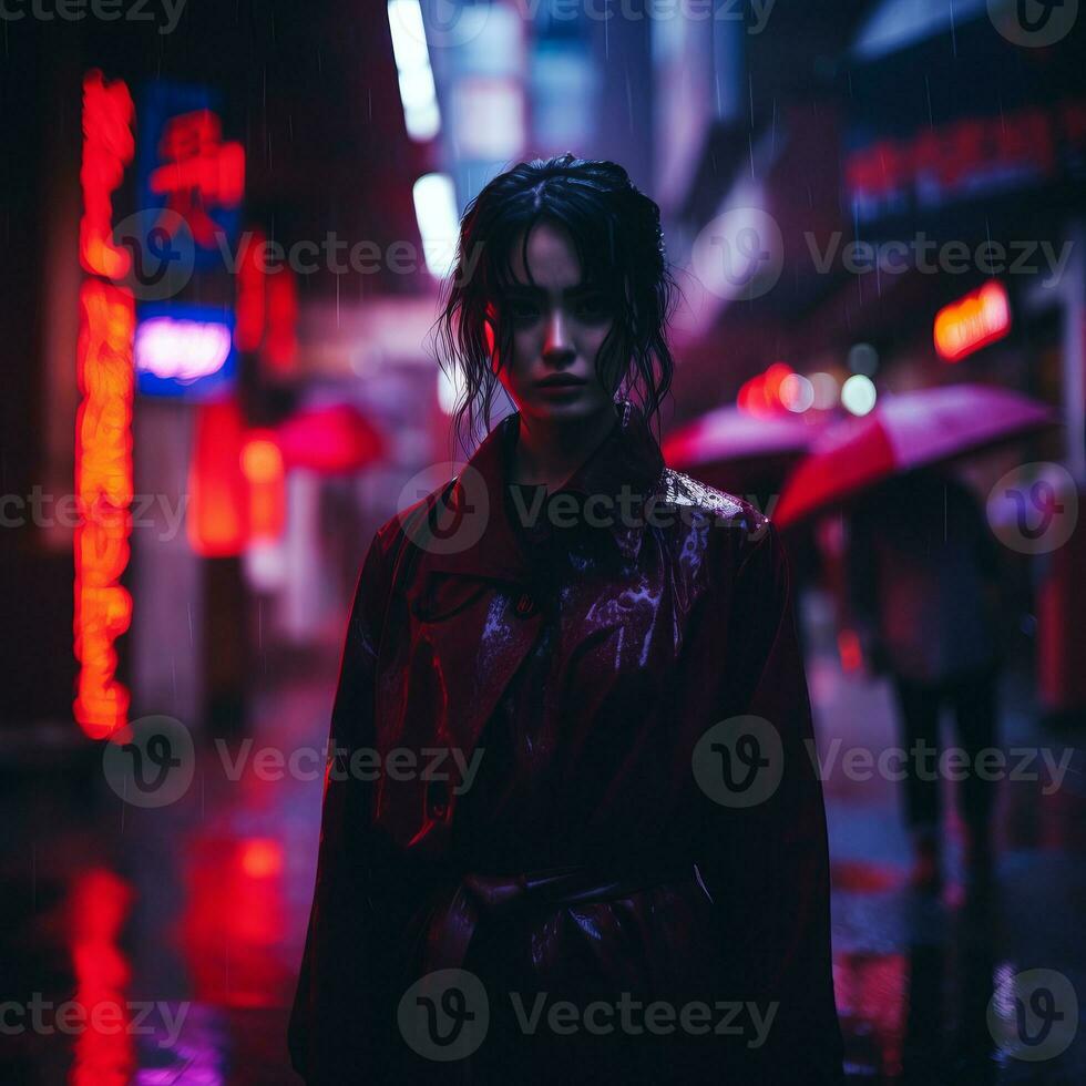a woman standing in the rain with umbrellas generative ai photo