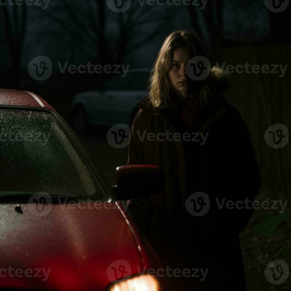 a woman standing next to a car generative ai photo