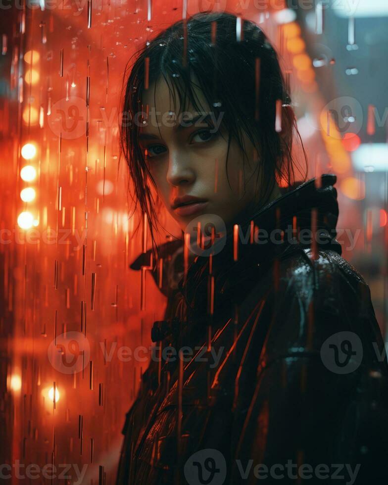 a woman standing in the rain with red lights behind her generative ai photo