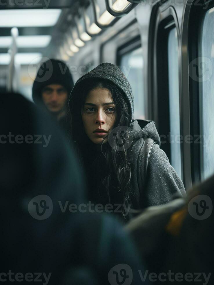 a woman wearing a hoodie on a subway train generative ai photo