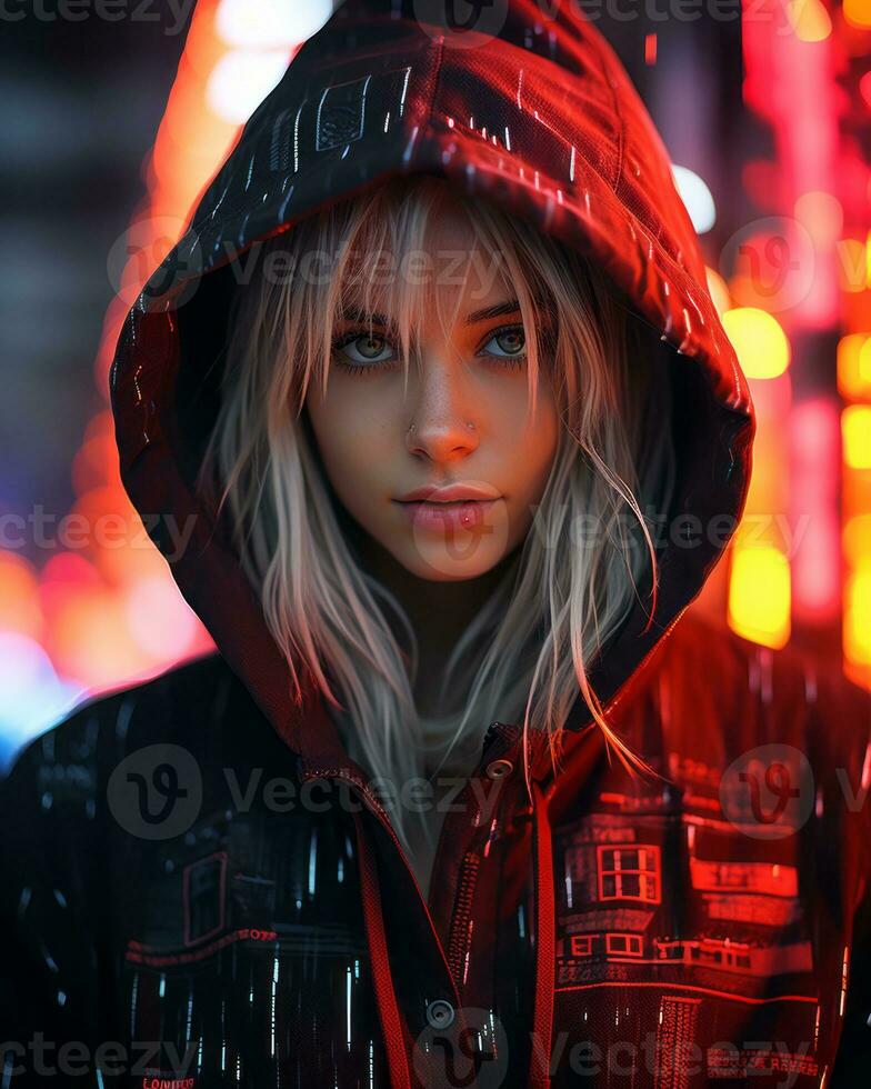 a woman wearing a hoodie in front of neon lights generative ai photo