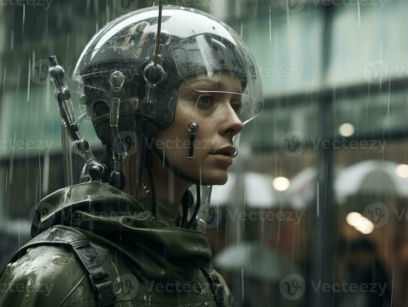 a woman wearing a helmet in the rain generative ai photo
