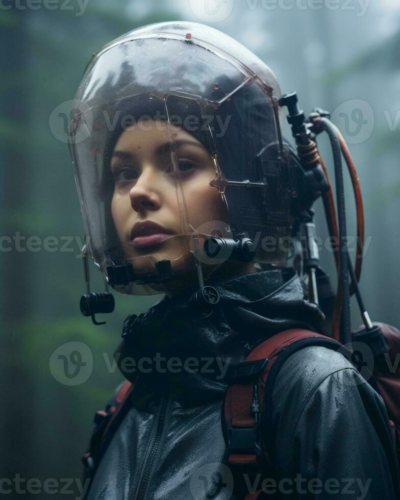 a woman wearing a helmet in the woods generative ai photo