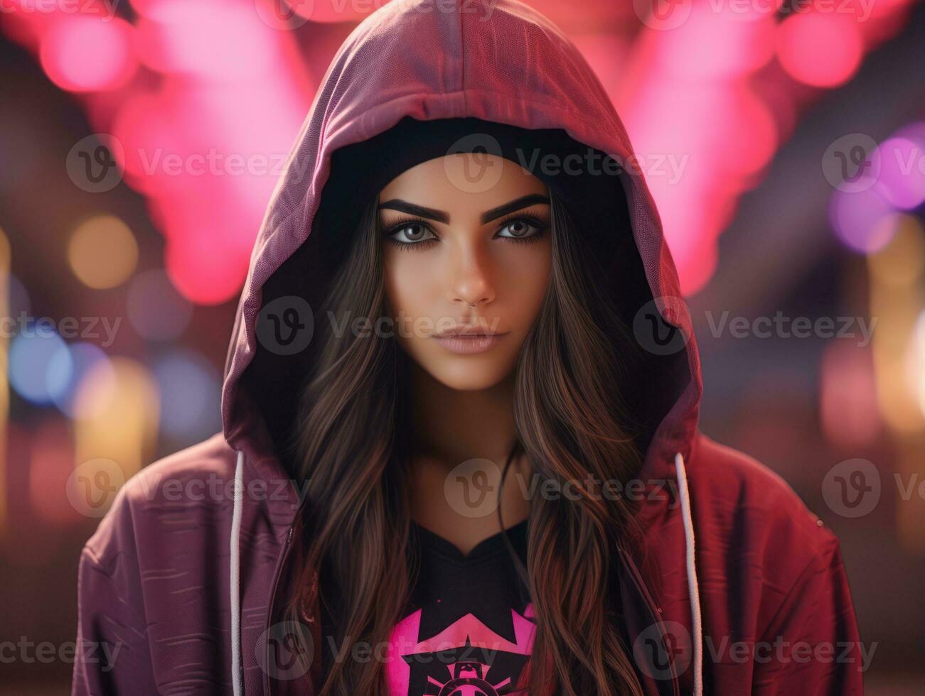 a woman wearing a hoodie in front of neon lights generative ai photo