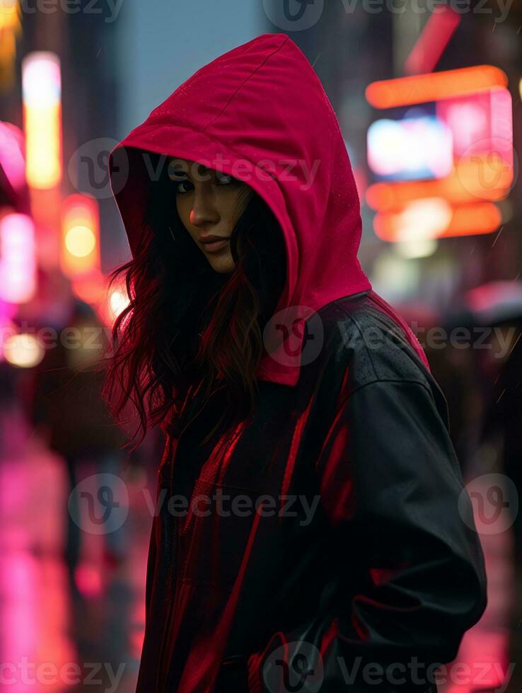 a woman wearing a red hooded jacket generative ai photo
