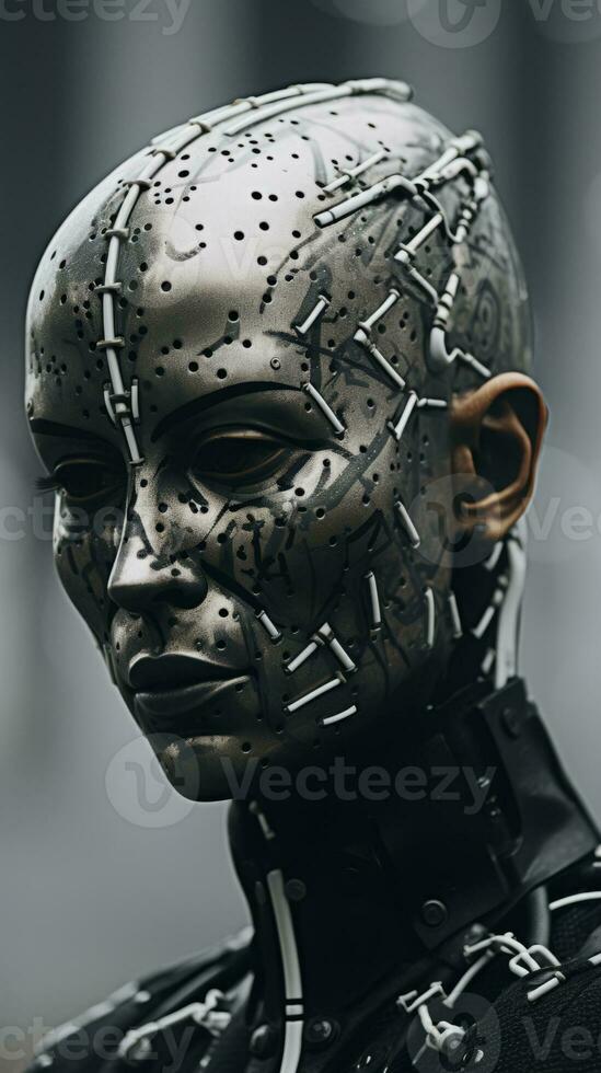 a woman wearing a robot head with metal parts on it generative ai photo
