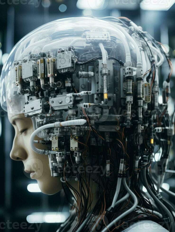 a woman wearing an electronic helmet with wires coming out of her head generative ai photo
