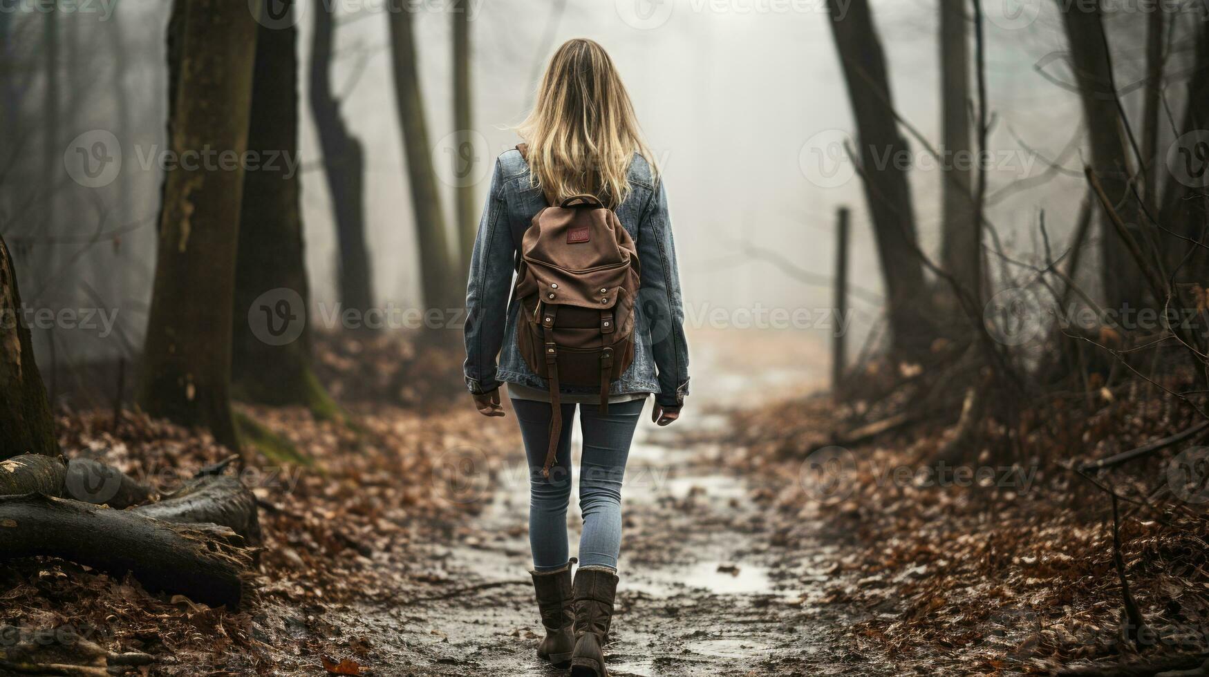 a woman with a backpack walking through the woods generative ai photo