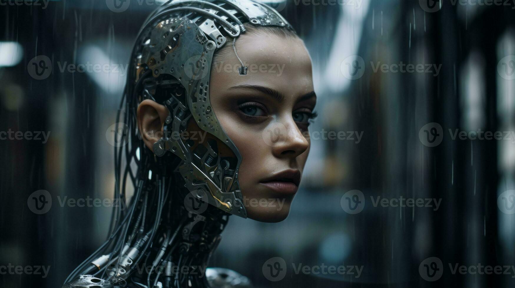 a woman with a robot head in a dark room generative ai photo