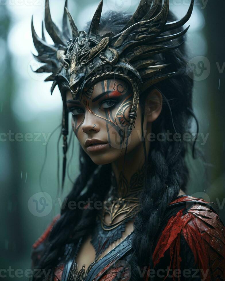 a woman with a headdress and makeup in the rain generative ai photo