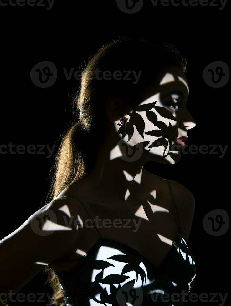 a woman with a shadow cast on her face generative ai photo
