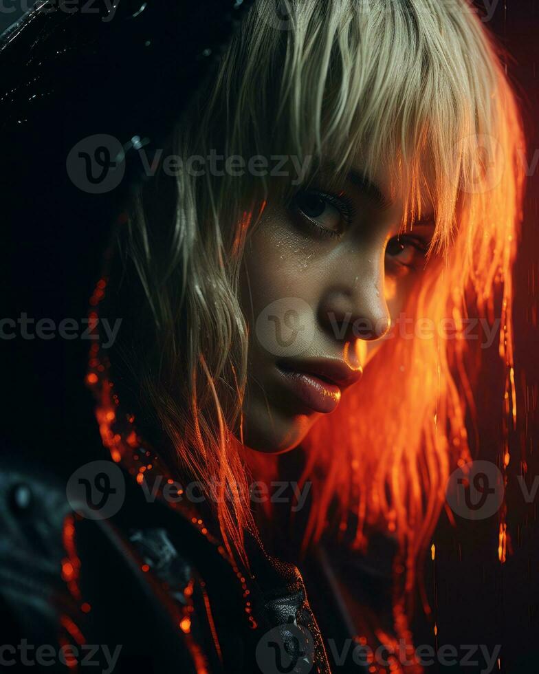 a woman with blonde hair and a black jacket generative ai photo
