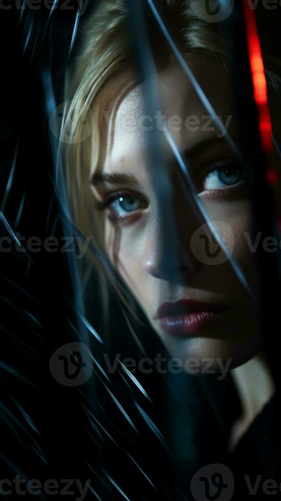 a woman with blonde hair and blue eyes in a dark room generative ai photo