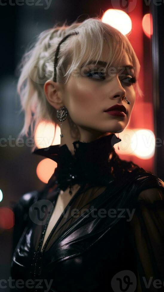 a woman with blonde hair in a black dress and earrings generative ai photo