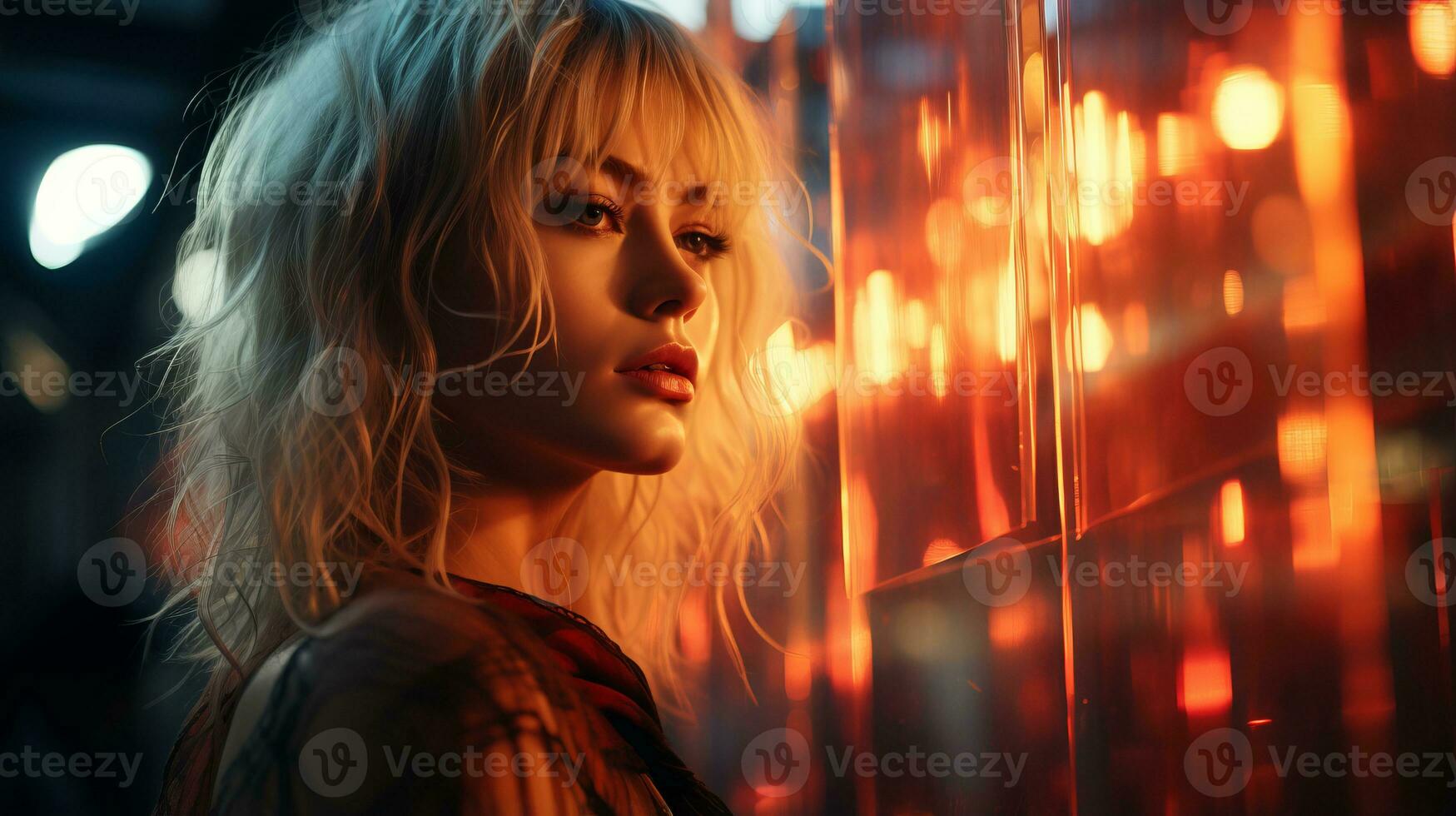 a woman with blonde hair standing in front of a wall of lights generative ai photo