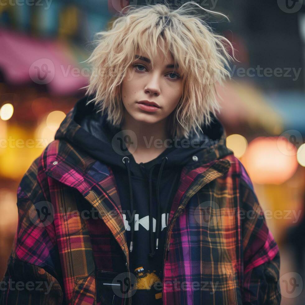 a woman with blonde hair wearing a plaid jacket generative ai photo