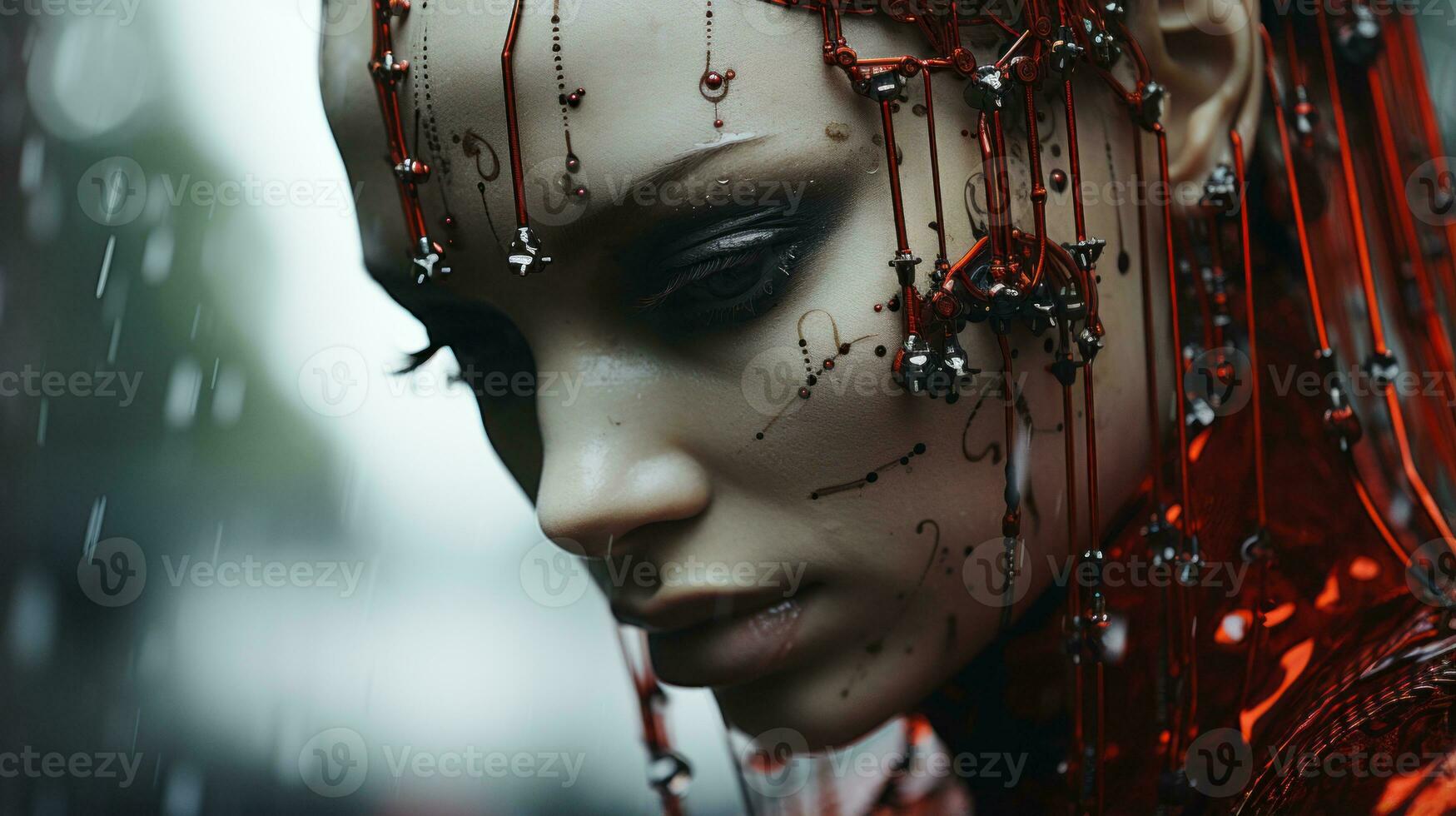 a woman with blood dripping down her face in the rain generative ai photo