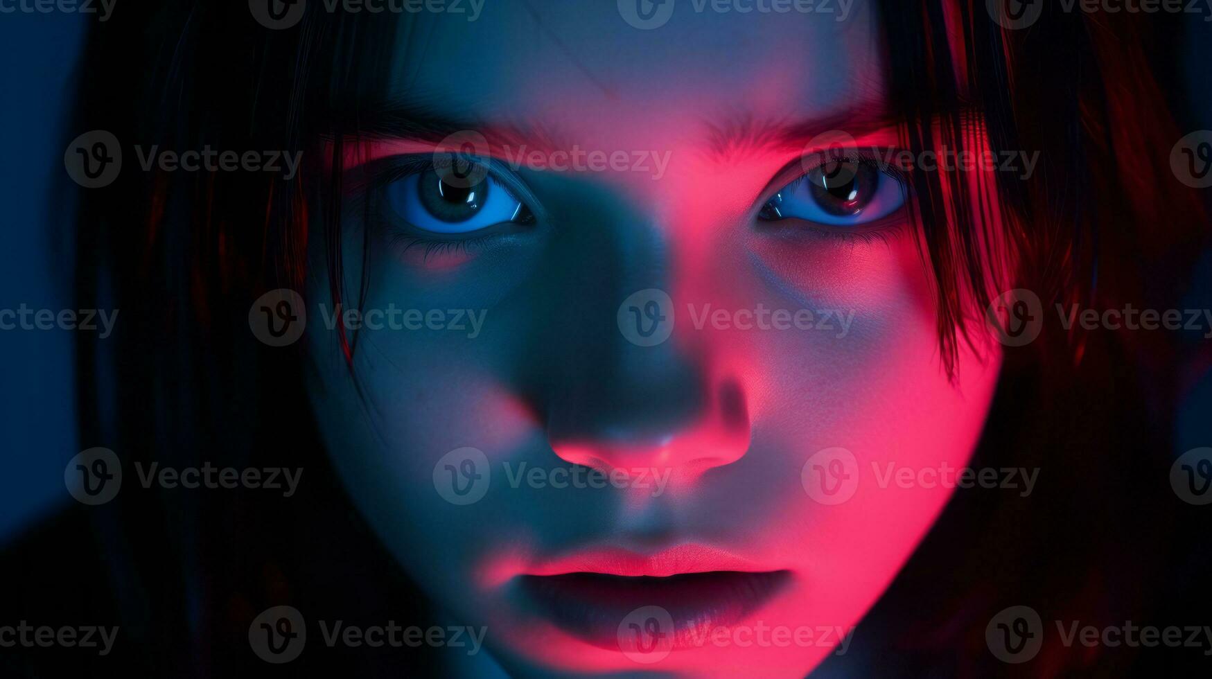 a woman with blue and red lights on her face generative ai photo