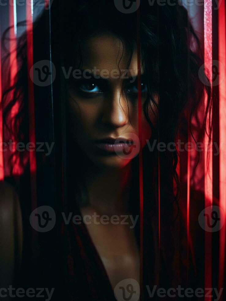 a woman with blue eyes and dark hair standing in front of a red curtain generative ai photo