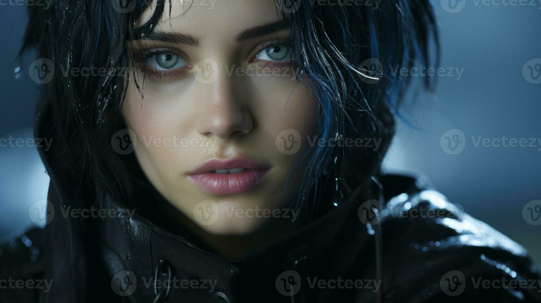 a woman with blue eyes and a black jacket generative ai photo