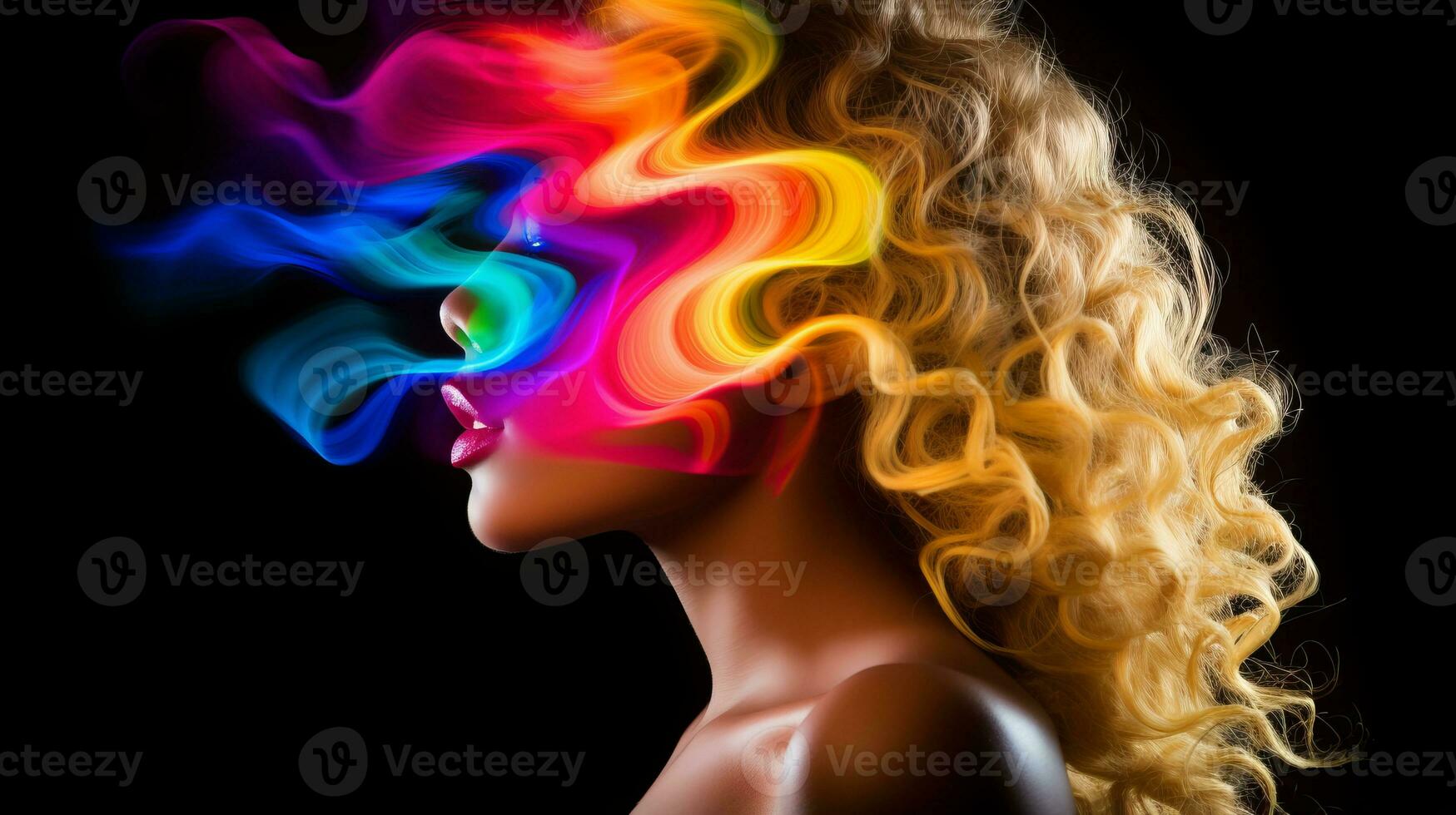 a woman with colorful smoke coming out of her face generative ai photo