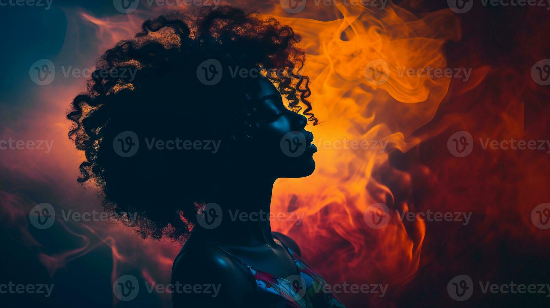 a woman with curly hair in front of a fire generative ai photo