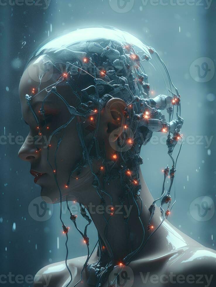 a woman with glowing red lights on her head generative ai photo