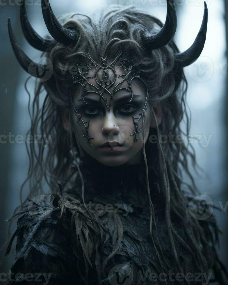 a woman with horns on her face in the woods generative ai photo