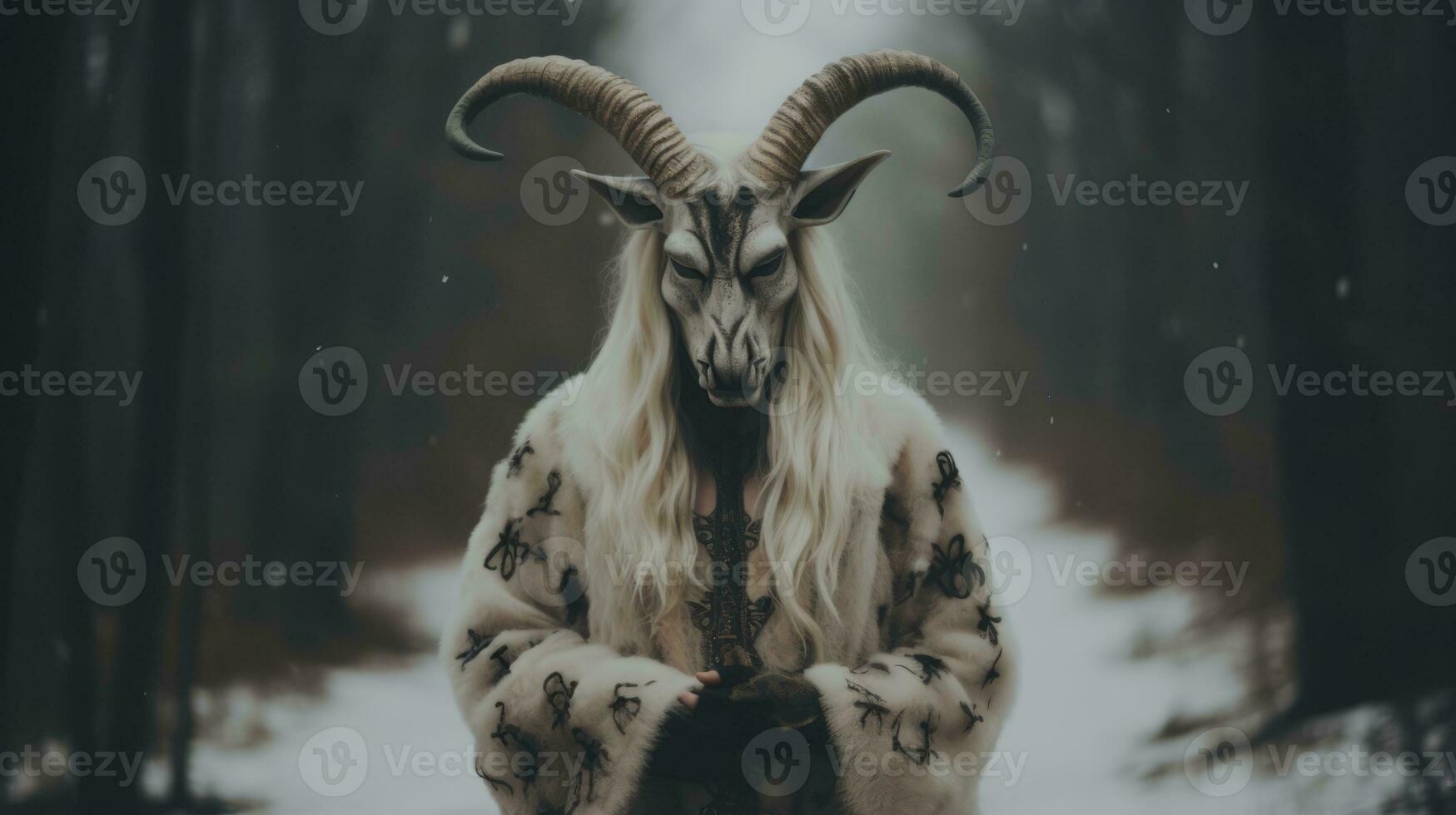 a woman with horns standing in the middle of a snowy forest generative ai photo
