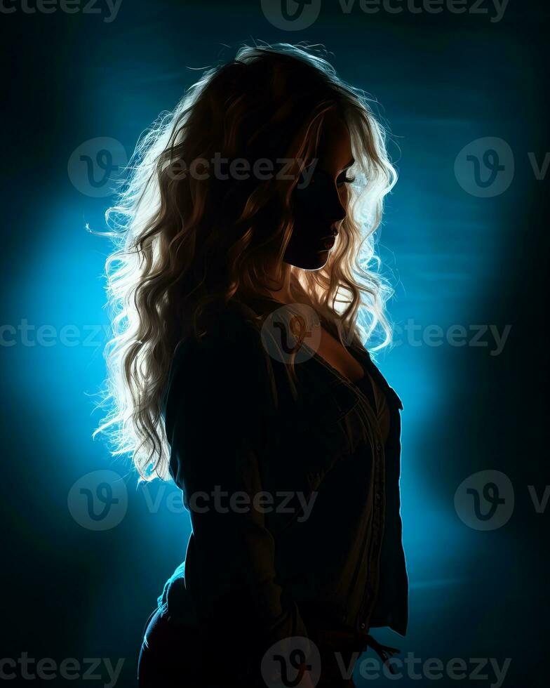 a woman with long blonde hair standing in front of a blue light generative ai photo