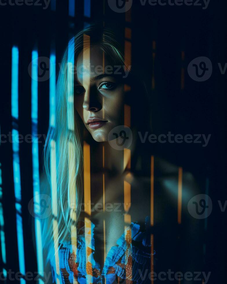 a woman with long blonde hair standing in front of bars generative ai photo