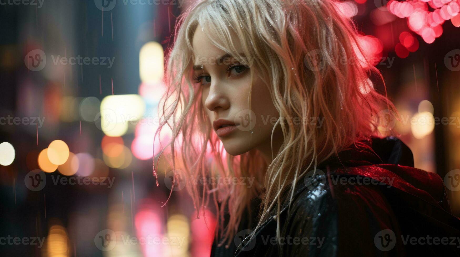 a woman with long blonde hair standing in the rain generative ai photo