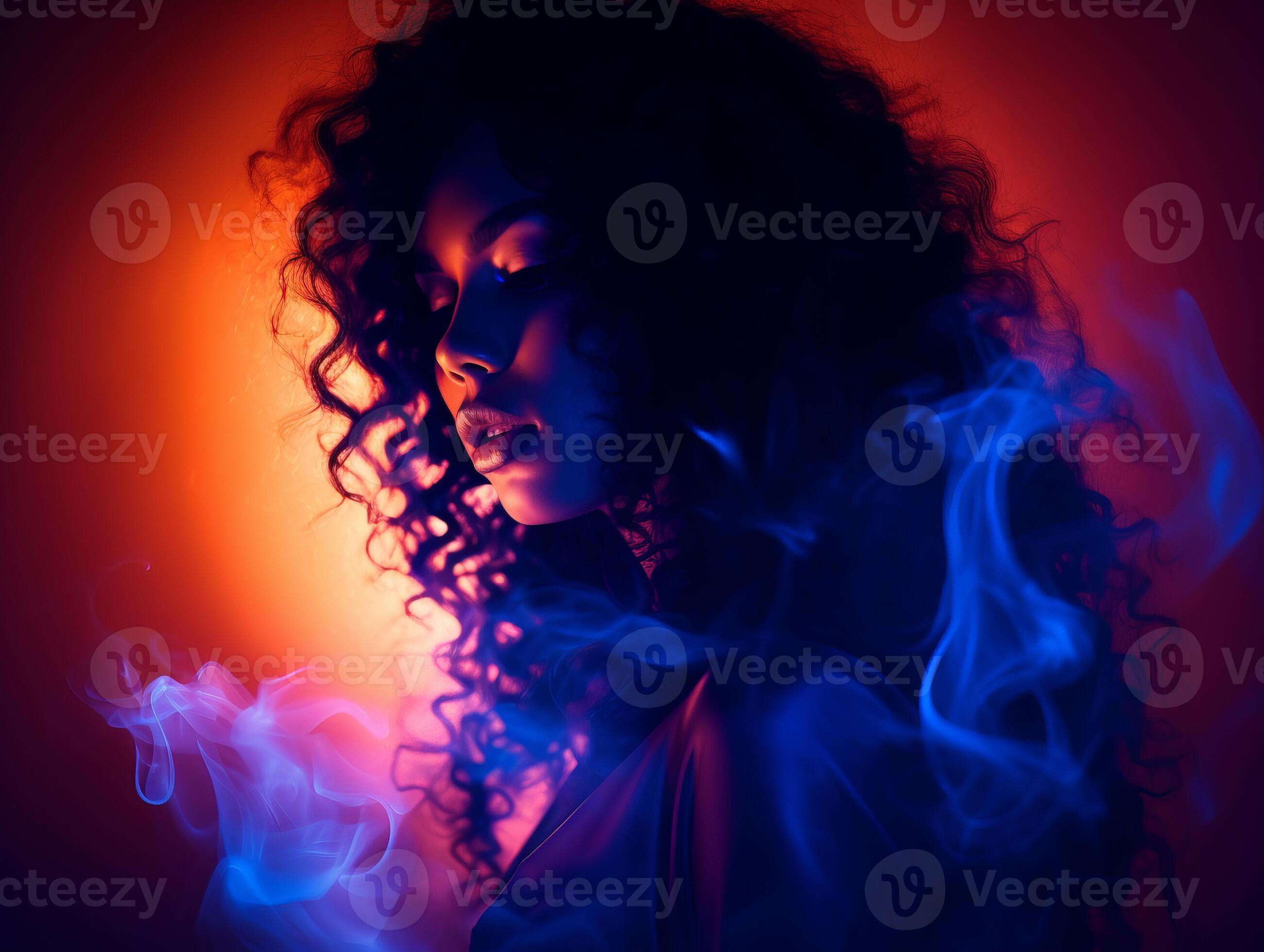a woman with long curly hair and blue smoke coming out of her mouth