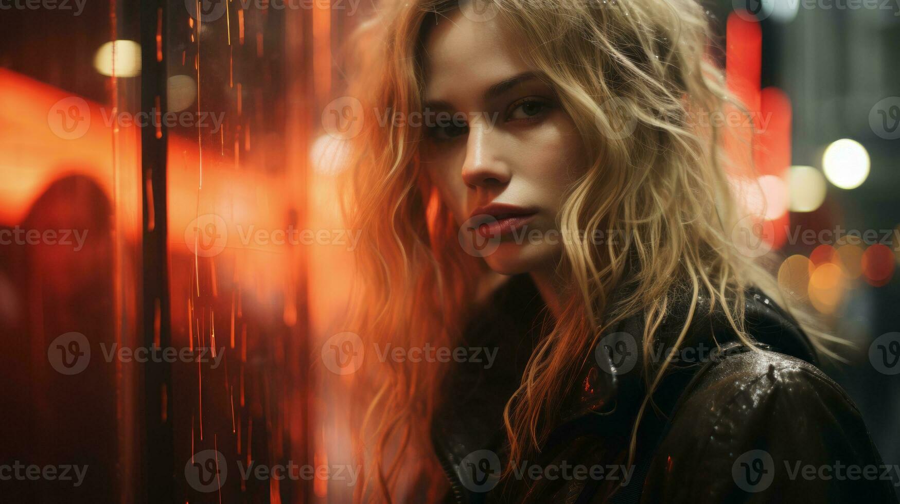 a woman with long blonde hair standing in front of a red light generative ai photo