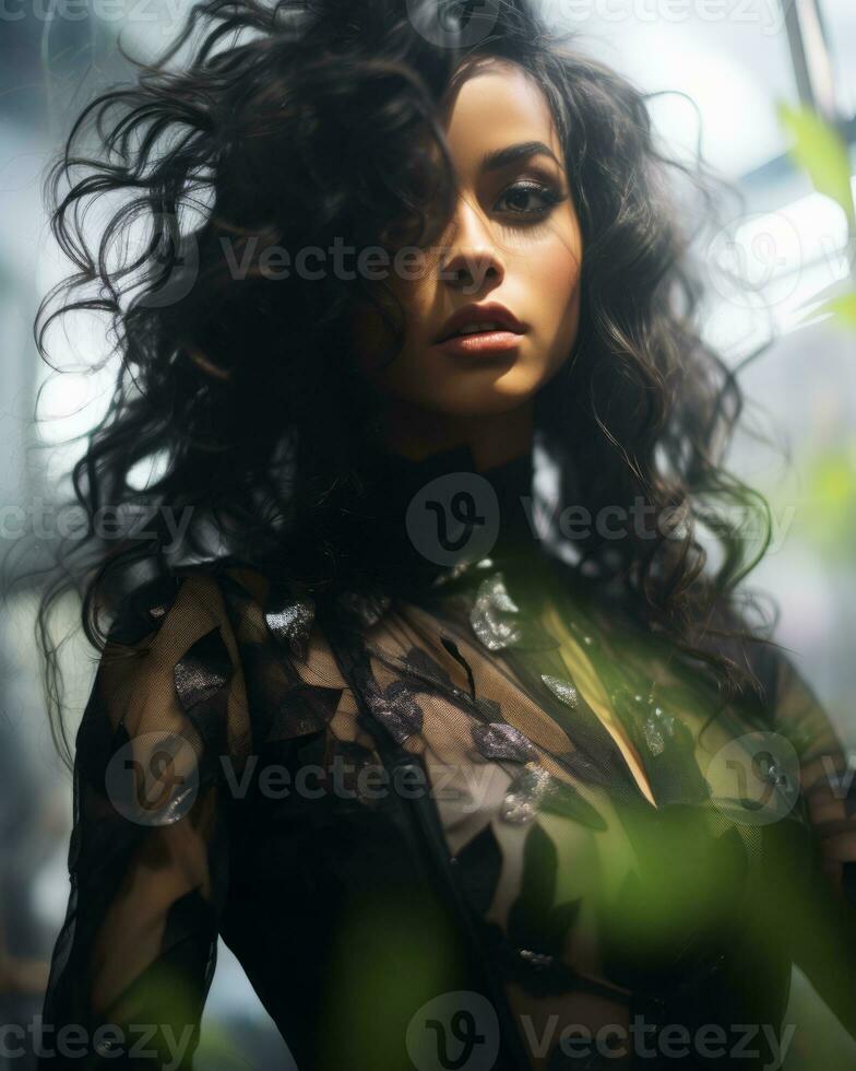 a woman with long curly hair posing in front of plants generative ai photo