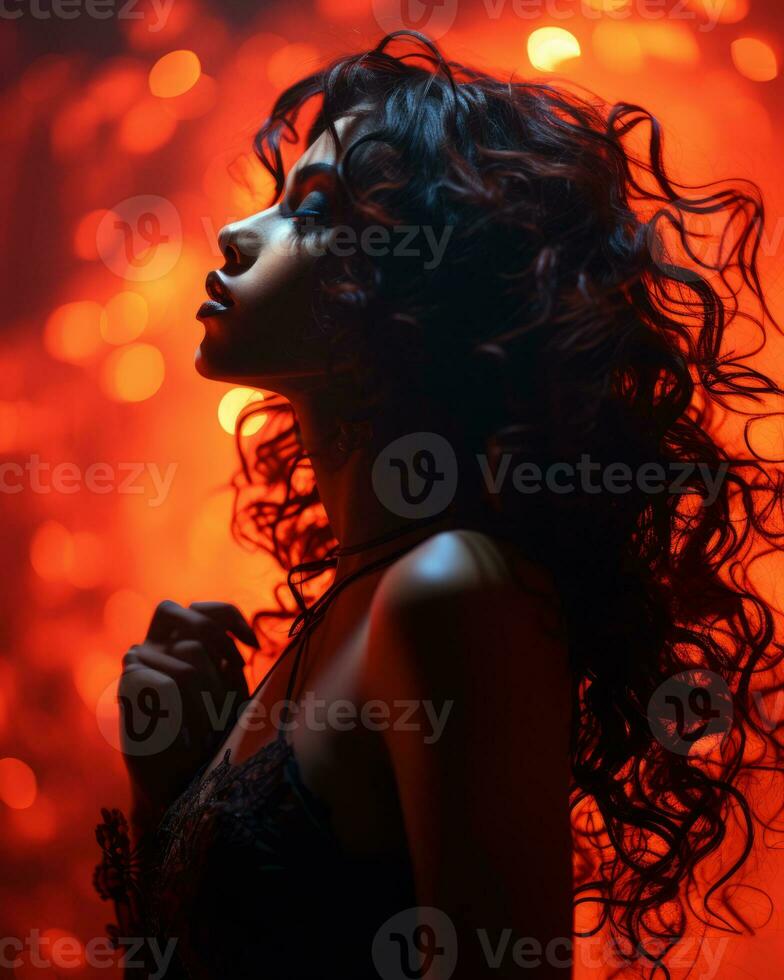 a woman with long curly hair standing in front of red lights generative ai photo