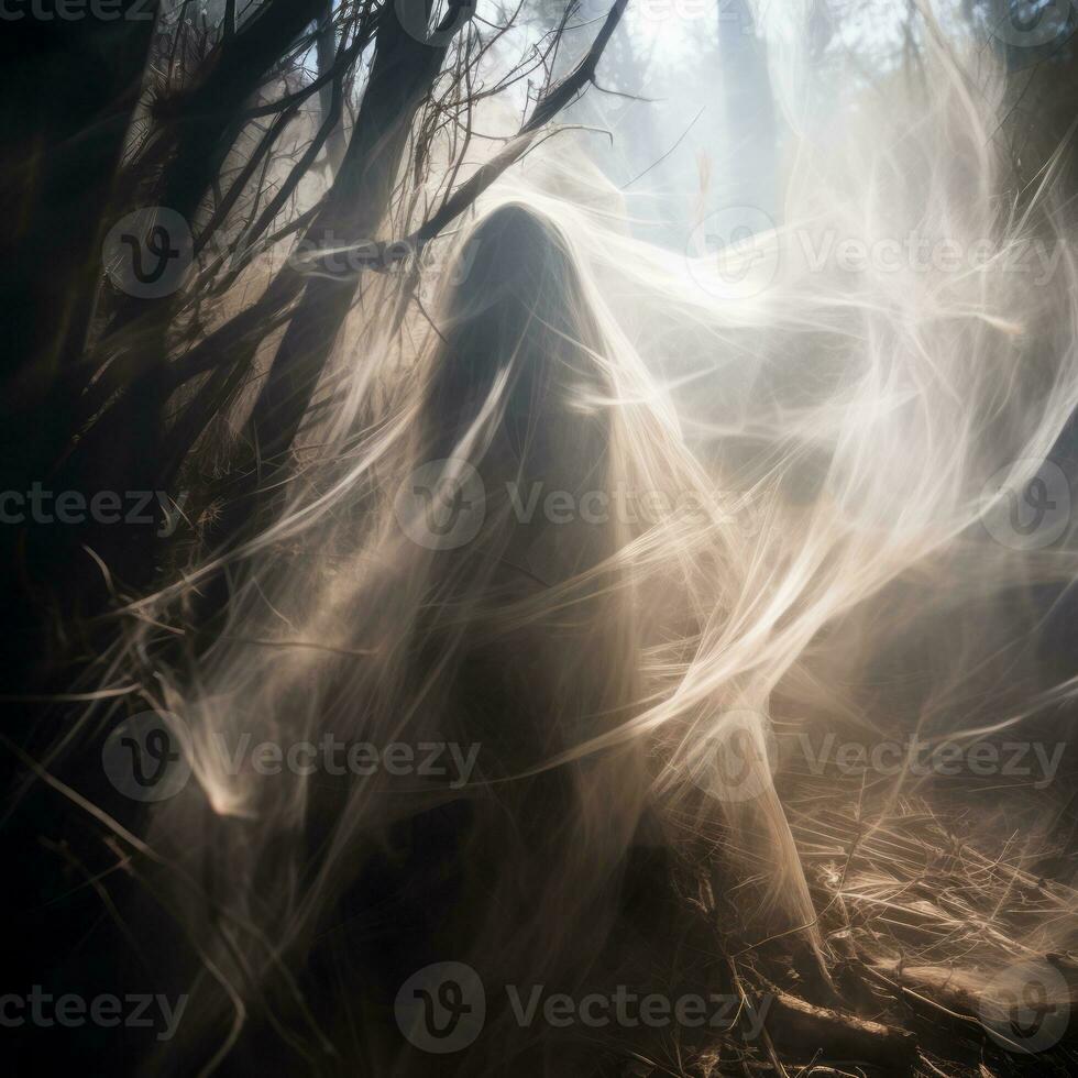a woman with long hair is standing in the woods generative ai photo