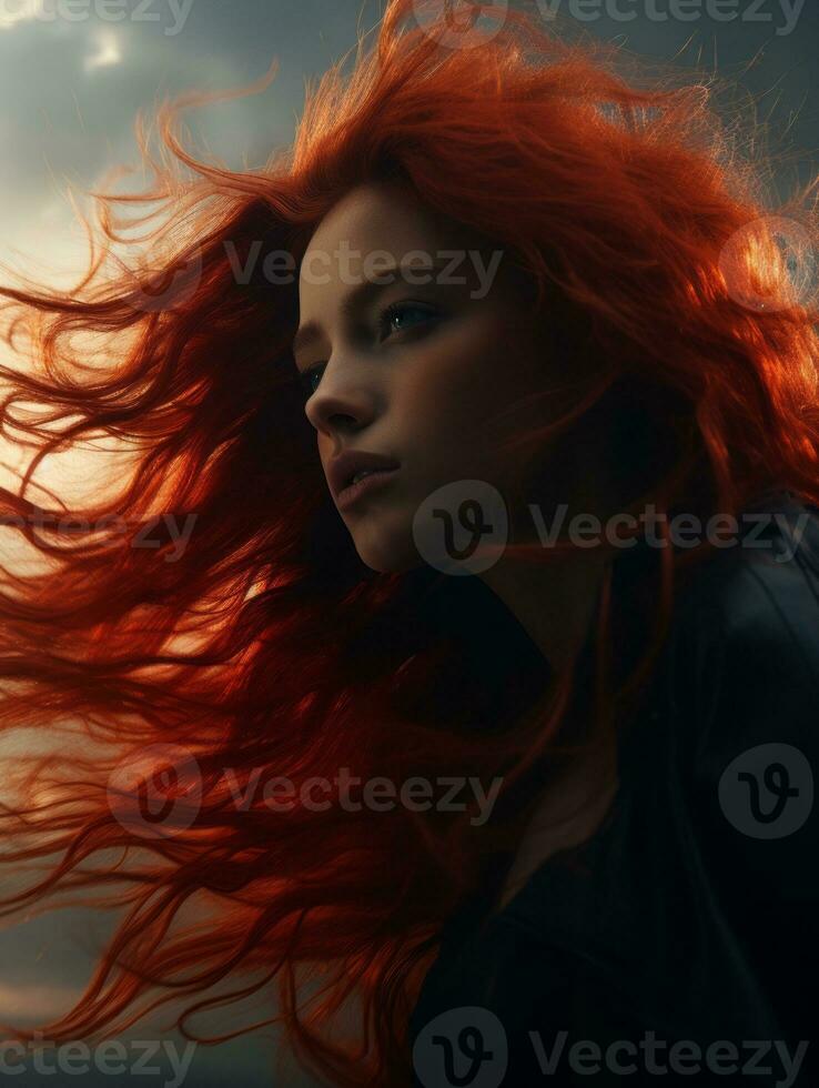 un mujer con largo rojo pelo es soplo en el viento generativo ai foto